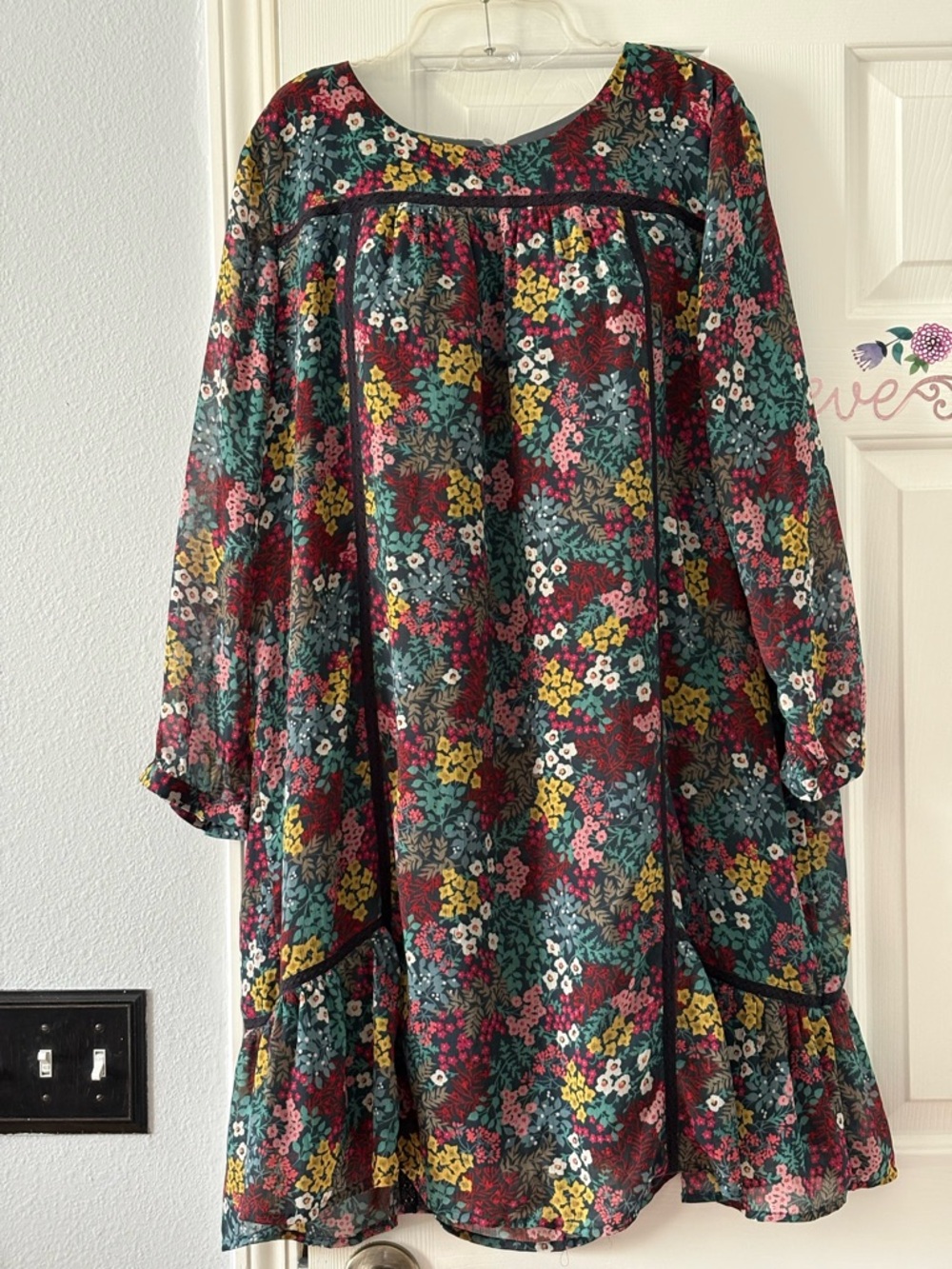 Loft Floral Babydoll Midi Dress in Teal, Burgundy & Mustard Sz XL